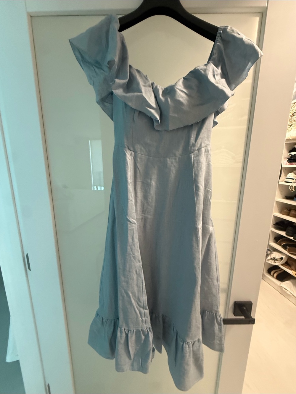 Wilfred Light Blue Ruffle Off-Shoulder Dress